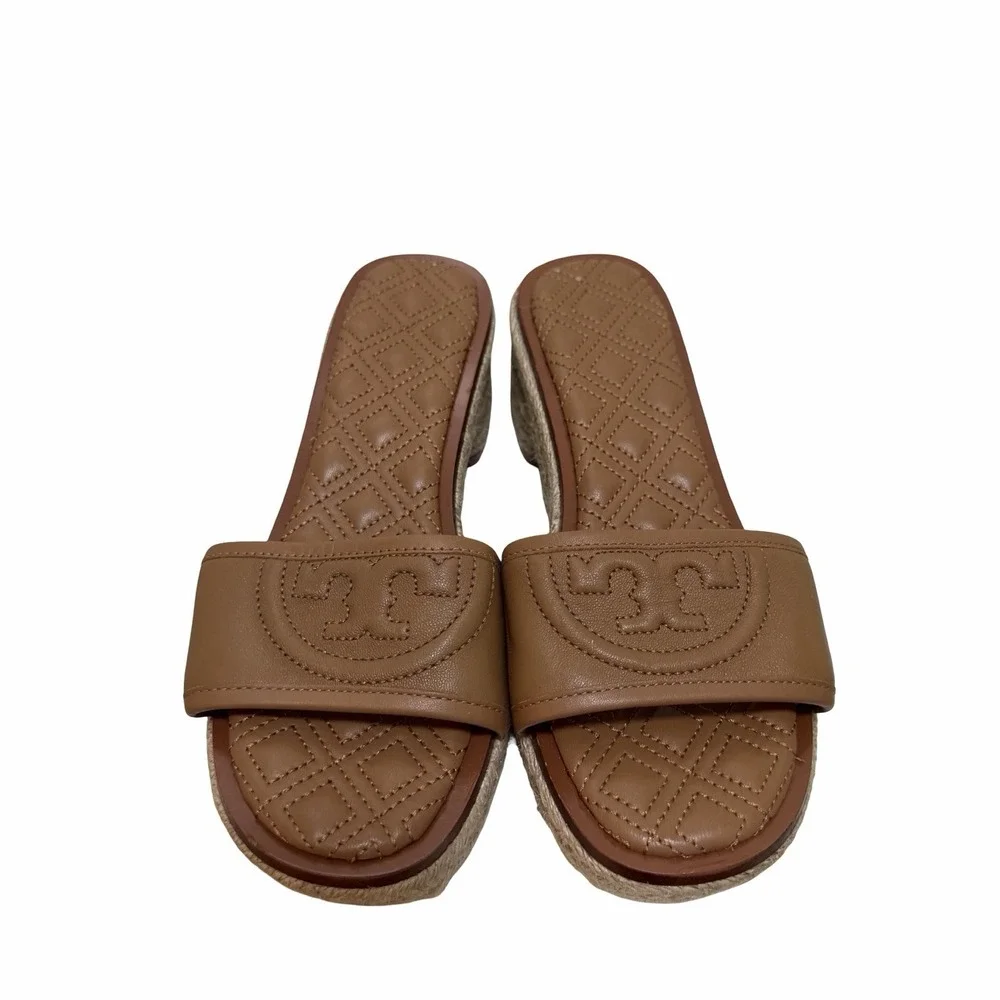Tory Burch Fleming Leather Espadrille Block Heel Sandals Size 5 Brown NWOB